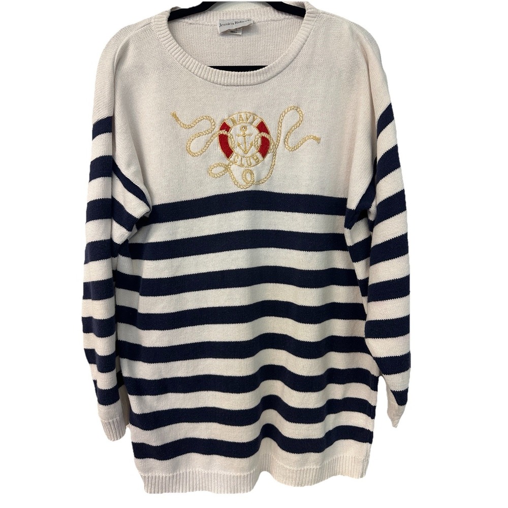VTG 90s White & Navy Stripe Oversized Cotton Sweater Small Preppy, Nautical